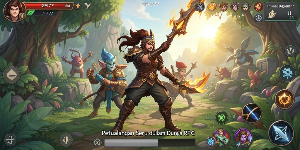 Screenshot gameplay GF777 yang menampilkan pertarungan epic dan karakter yang beraksi.