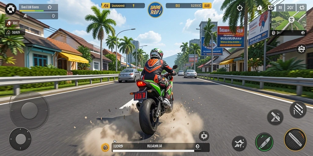 Screenshot gameplay IDR89 menampilkan balapan motor di trek yang penuh tantangan.