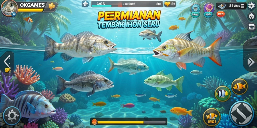 Screenshot gameplay OKGAMES menampilkan aksi menembak ikan yang seru.
