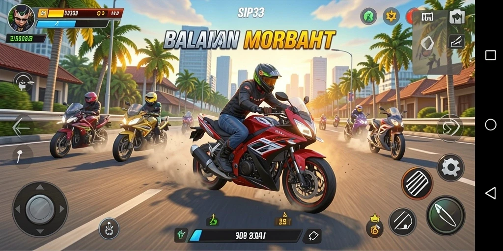 Gameplay menegangkan dengan sepeda motor dalam balapan cepat.