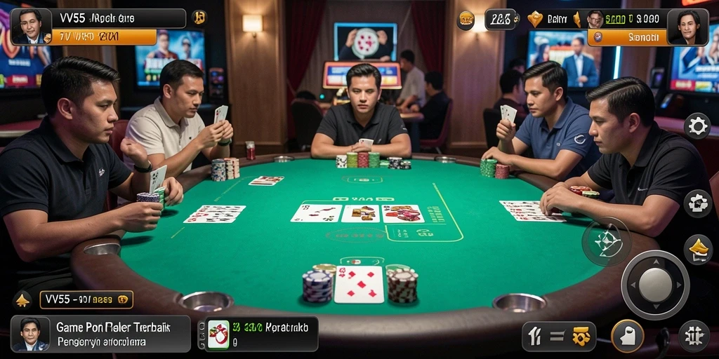 Tampilan gameplay VV55 yang mendebarkan dalam permainan Poker.