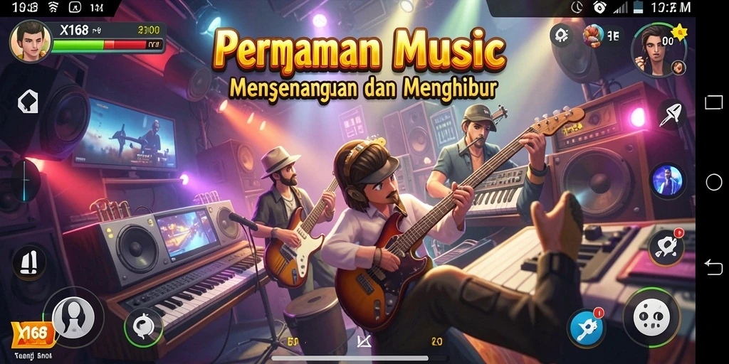 Screenshot X168 menunjukkan gameplay yang dinamis dan penuh warna dari aplikasi Musik.